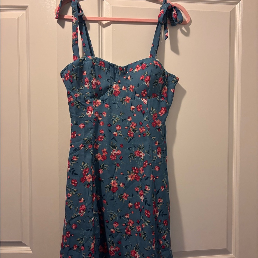 Lily Rose Blue Dress with Pink Floral Design